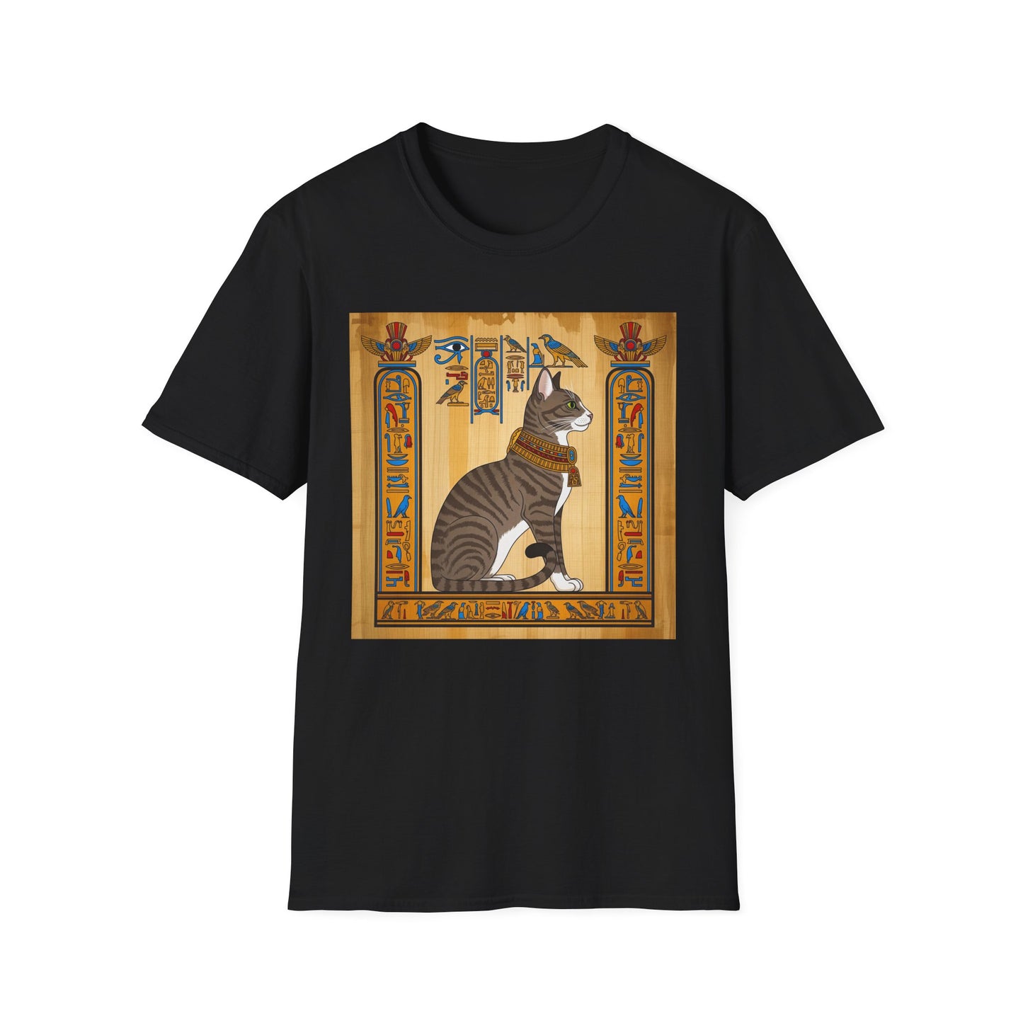Grey Egyptian Cat Graphic Tee, Softstyle Unisex T-Shirt, Vintage Cat Print Shirt, Egyptian Themed Apparel, Unique Gift for Cat Lovers