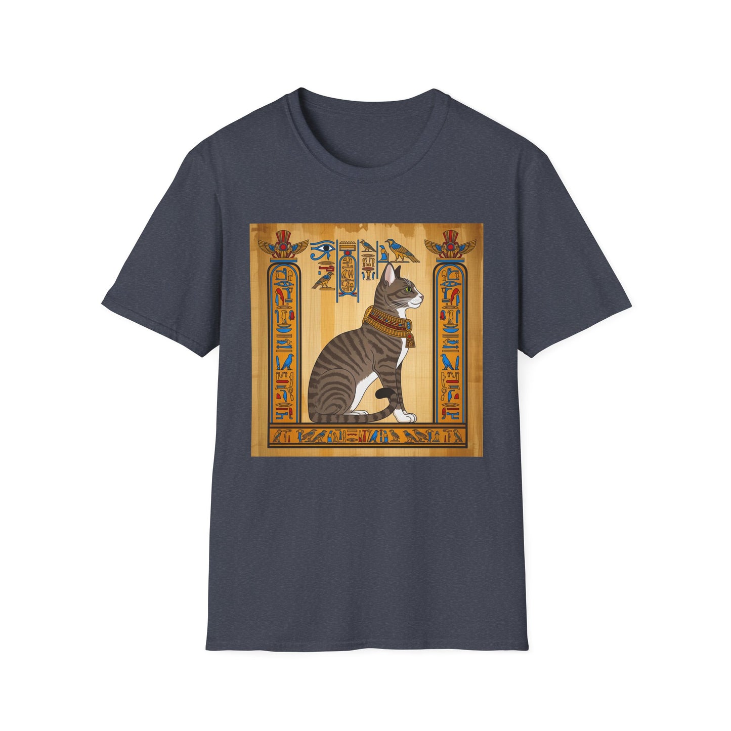 Grey Egyptian Cat Graphic Tee, Softstyle Unisex T-Shirt, Vintage Cat Print Shirt, Egyptian Themed Apparel, Unique Gift for Cat Lovers