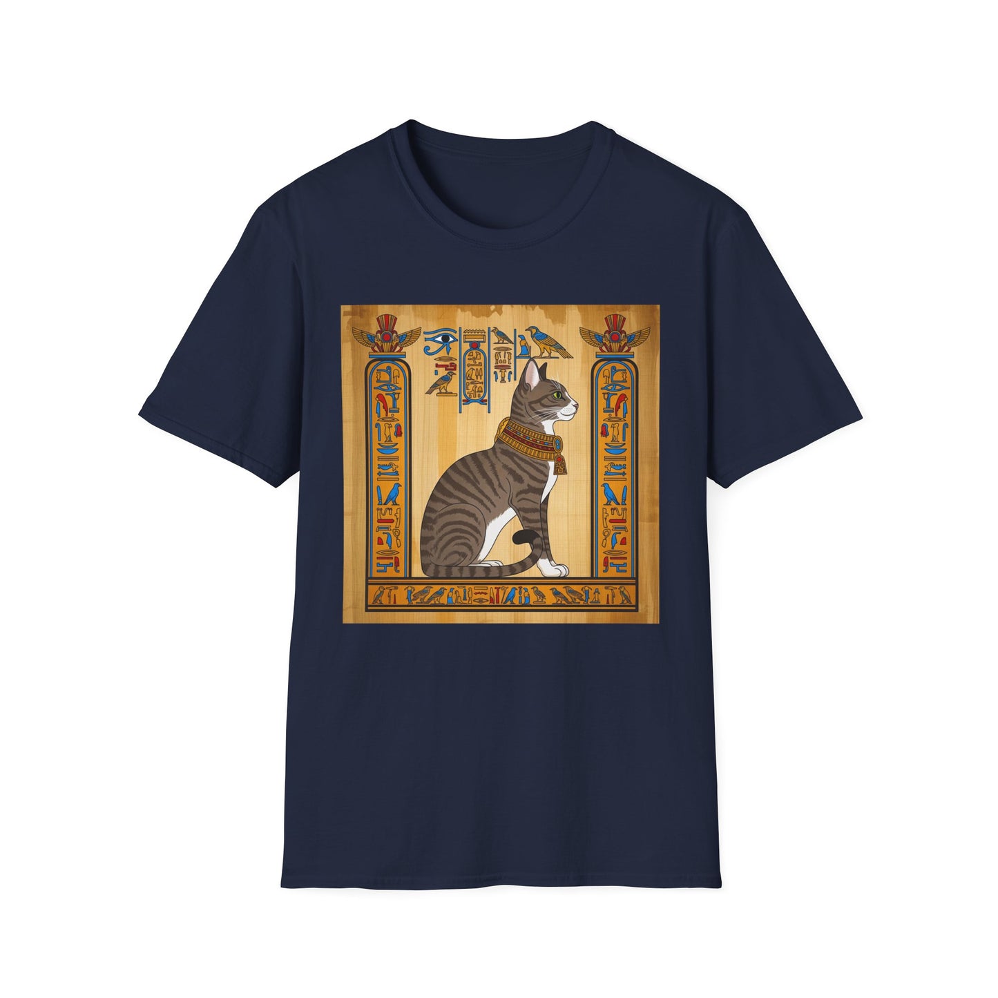 Grey Egyptian Cat Graphic Tee, Softstyle Unisex T-Shirt, Vintage Cat Print Shirt, Egyptian Themed Apparel, Unique Gift for Cat Lovers