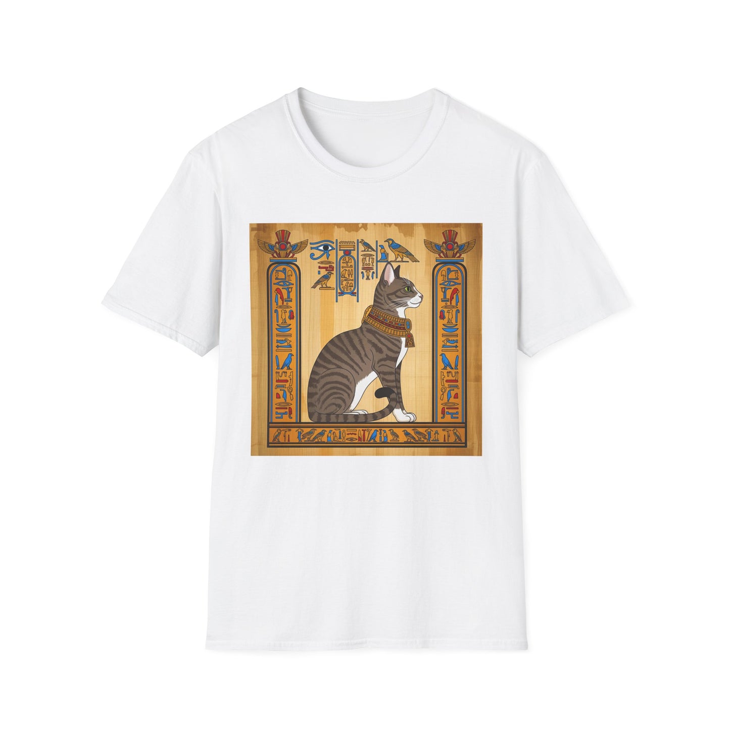 Grey Egyptian Cat Graphic Tee, Softstyle Unisex T-Shirt, Vintage Cat Print Shirt, Egyptian Themed Apparel, Unique Gift for Cat Lovers