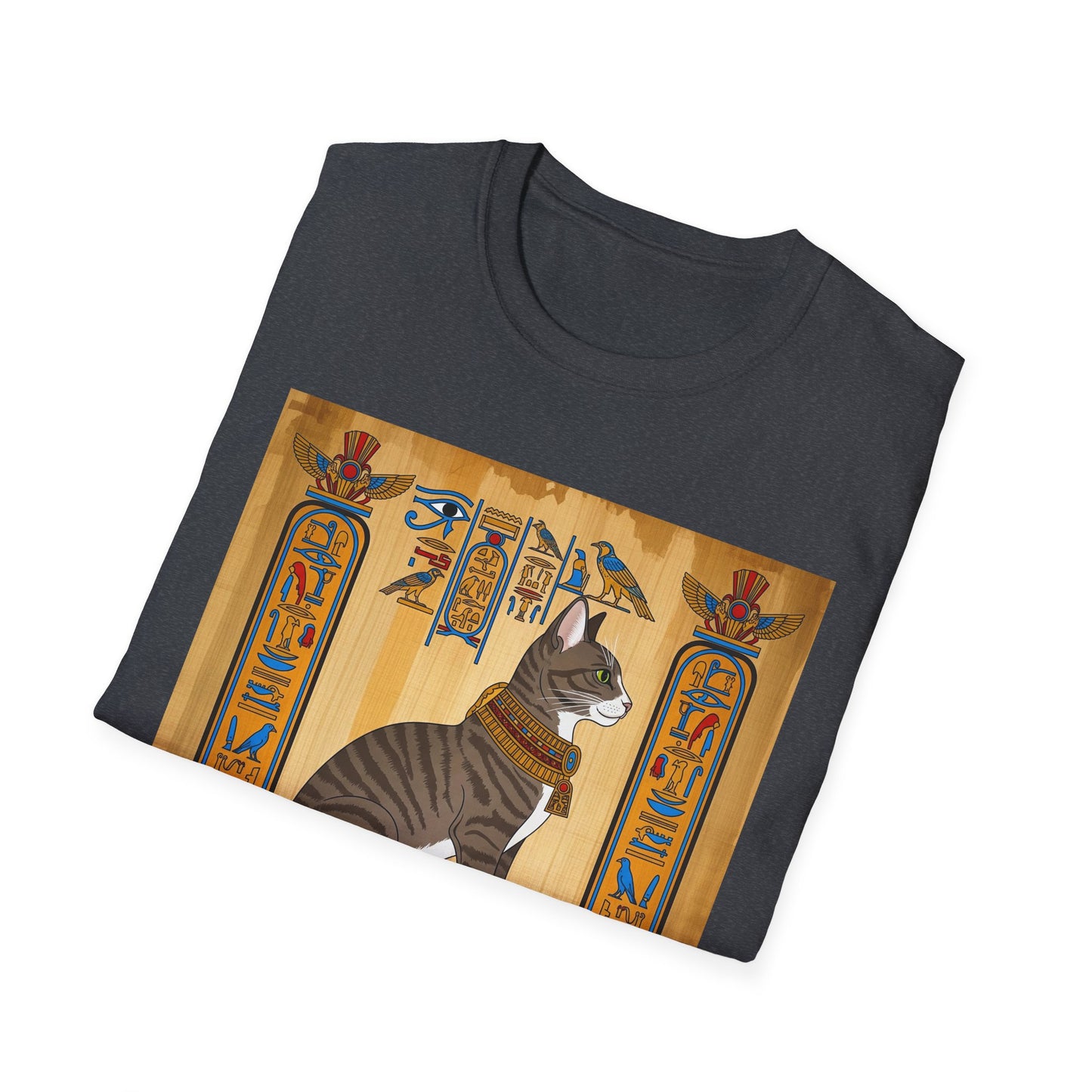 Grey Egyptian Cat Graphic Tee, Softstyle Unisex T-Shirt, Vintage Cat Print Shirt, Egyptian Themed Apparel, Unique Gift for Cat Lovers