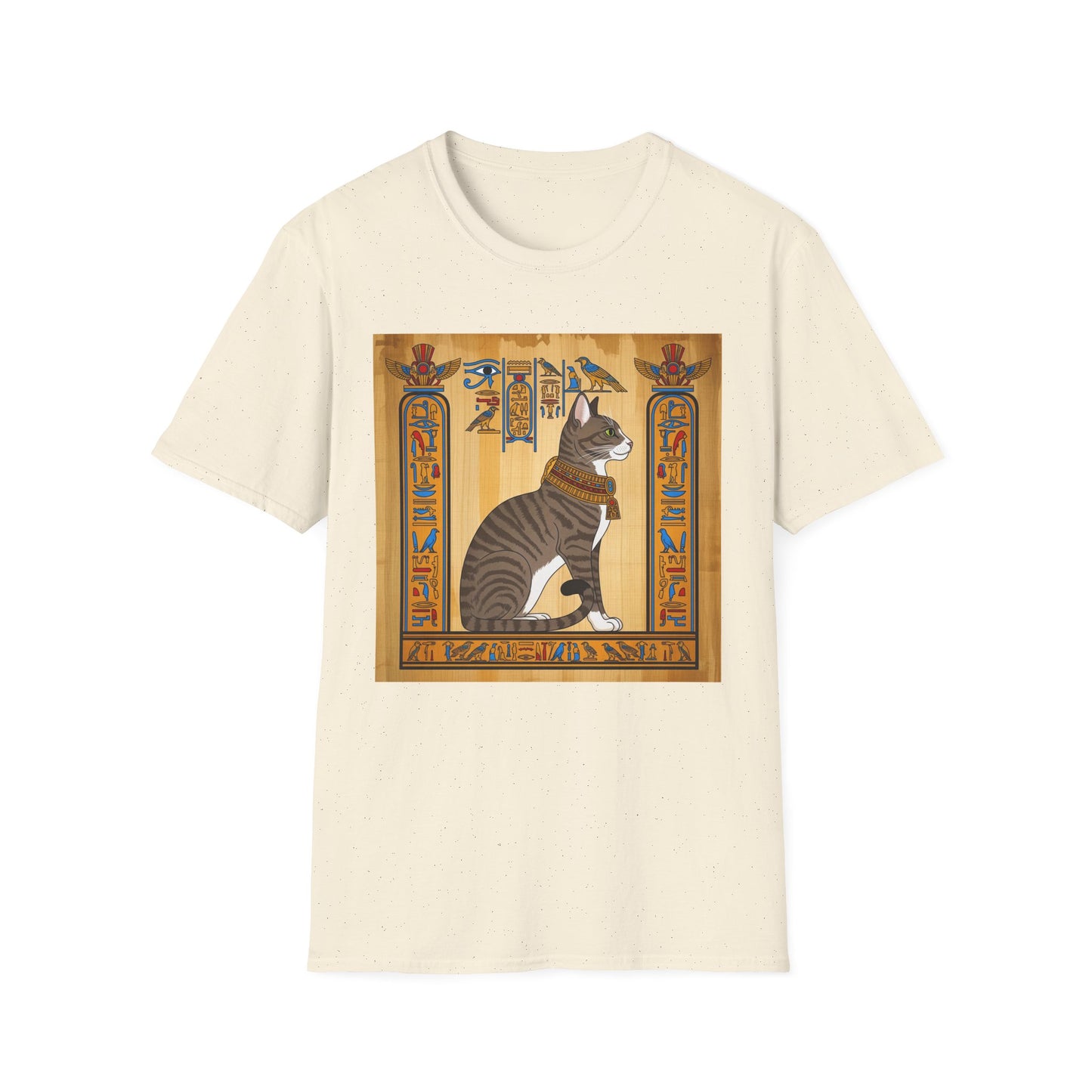Grey Egyptian Cat Graphic Tee, Softstyle Unisex T-Shirt, Vintage Cat Print Shirt, Egyptian Themed Apparel, Unique Gift for Cat Lovers
