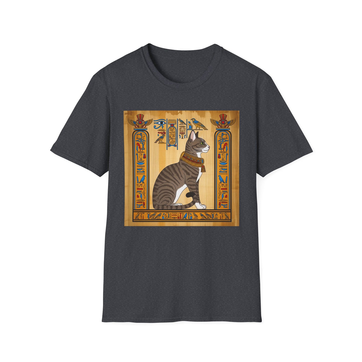 Grey Egyptian Cat Graphic Tee, Softstyle Unisex T-Shirt, Vintage Cat Print Shirt, Egyptian Themed Apparel, Unique Gift for Cat Lovers