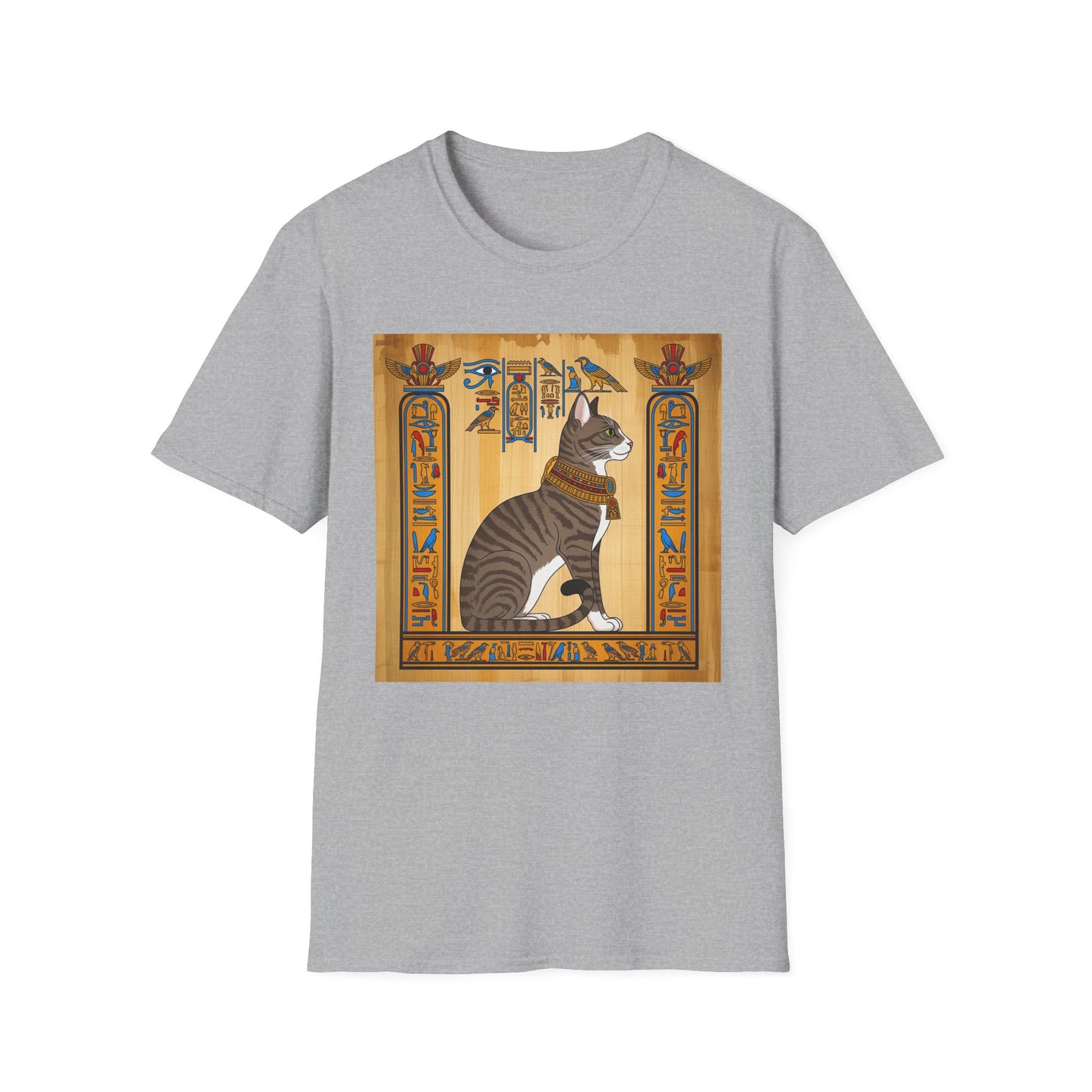 Grey Egyptian Cat Graphic Tee, Softstyle Unisex T-Shirt, Vintage Cat Print Shirt, Egyptian Themed Apparel, Unique Gift for Cat Lovers