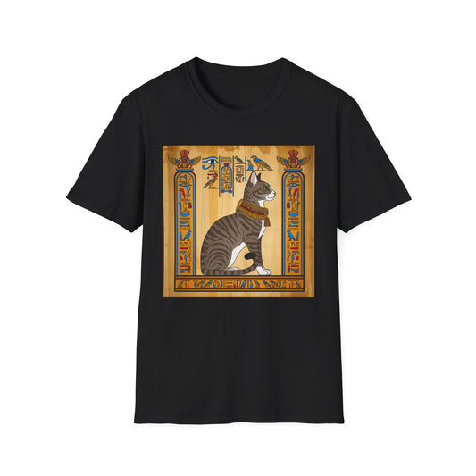 Grey Egyptian Cat Graphic Tee, Softstyle Unisex T-Shirt, Vintage Cat Print Shirt, Egyptian Themed Apparel, Unique Gift for Cat Lovers