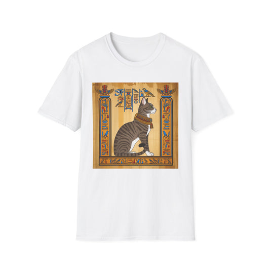 Grey Egyptian Cat Graphic Tee, Softstyle Unisex T-Shirt, Vintage Cat Print Shirt, Egyptian Themed Apparel, Unique Gift for Cat Lovers