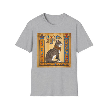 Grey Egyptian Cat Graphic Tee, Softstyle Unisex T-Shirt, Vintage Cat Print Shirt, Egyptian Themed Apparel, Unique Gift for Cat Lovers